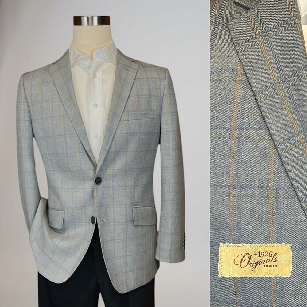 Haggar 1926 Originals 42R Light Gray Golden Tan Blue Plaid Blazer Sport Jacket
